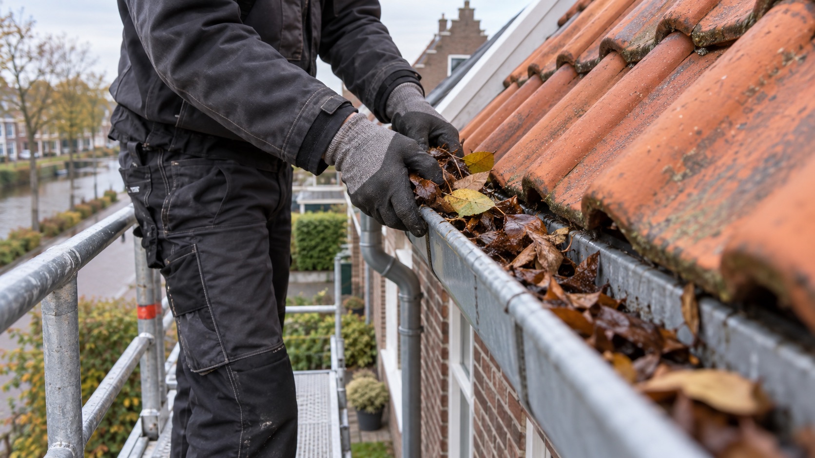 Bladeren verwijderen uit een dakgoot langs een pannendak