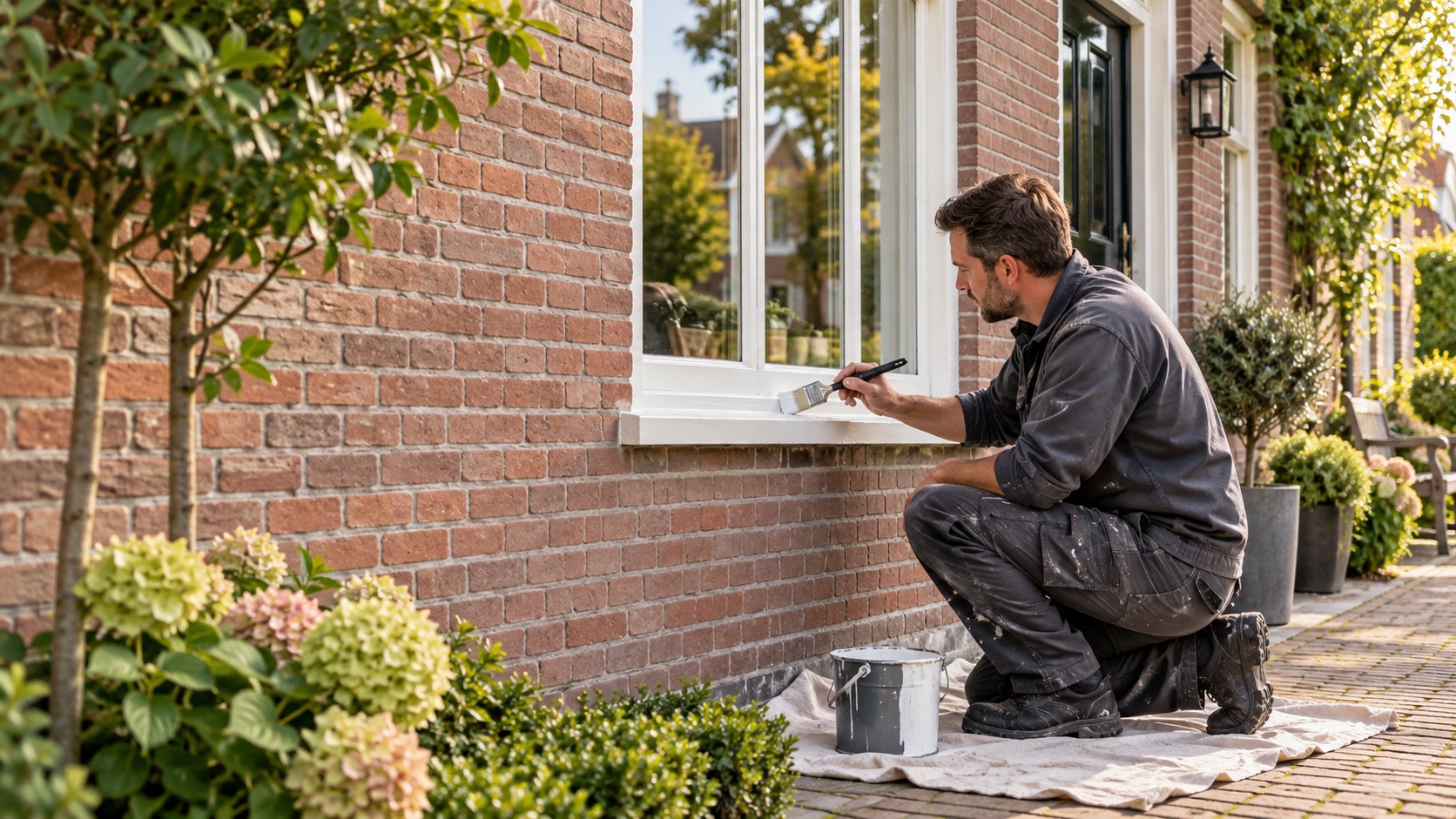 Onderhoudsschilder werkt aan een houten buitenkozijn