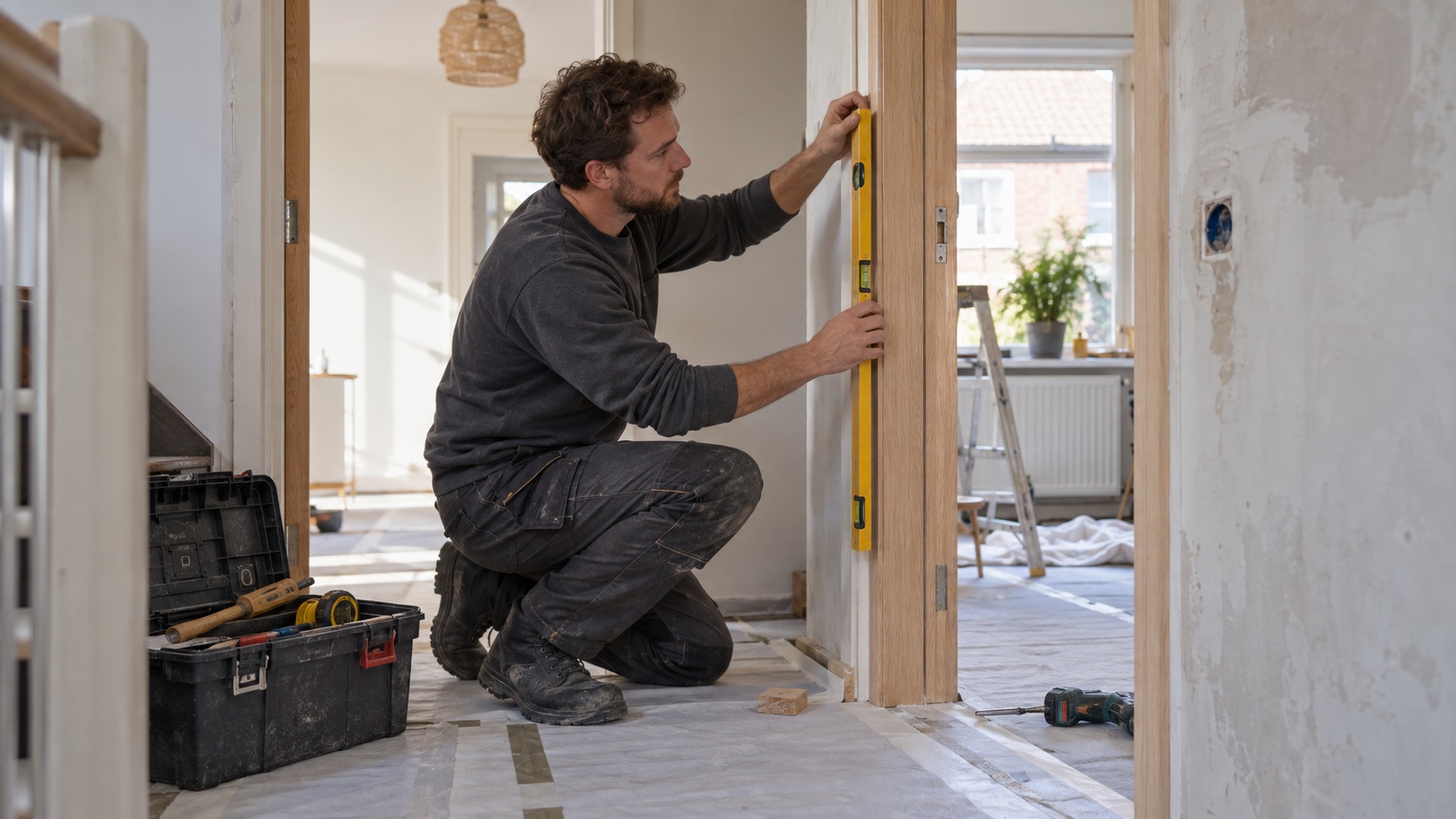 Timmerman plaatst een houten deurkozijn tijdens een woningrenovatie