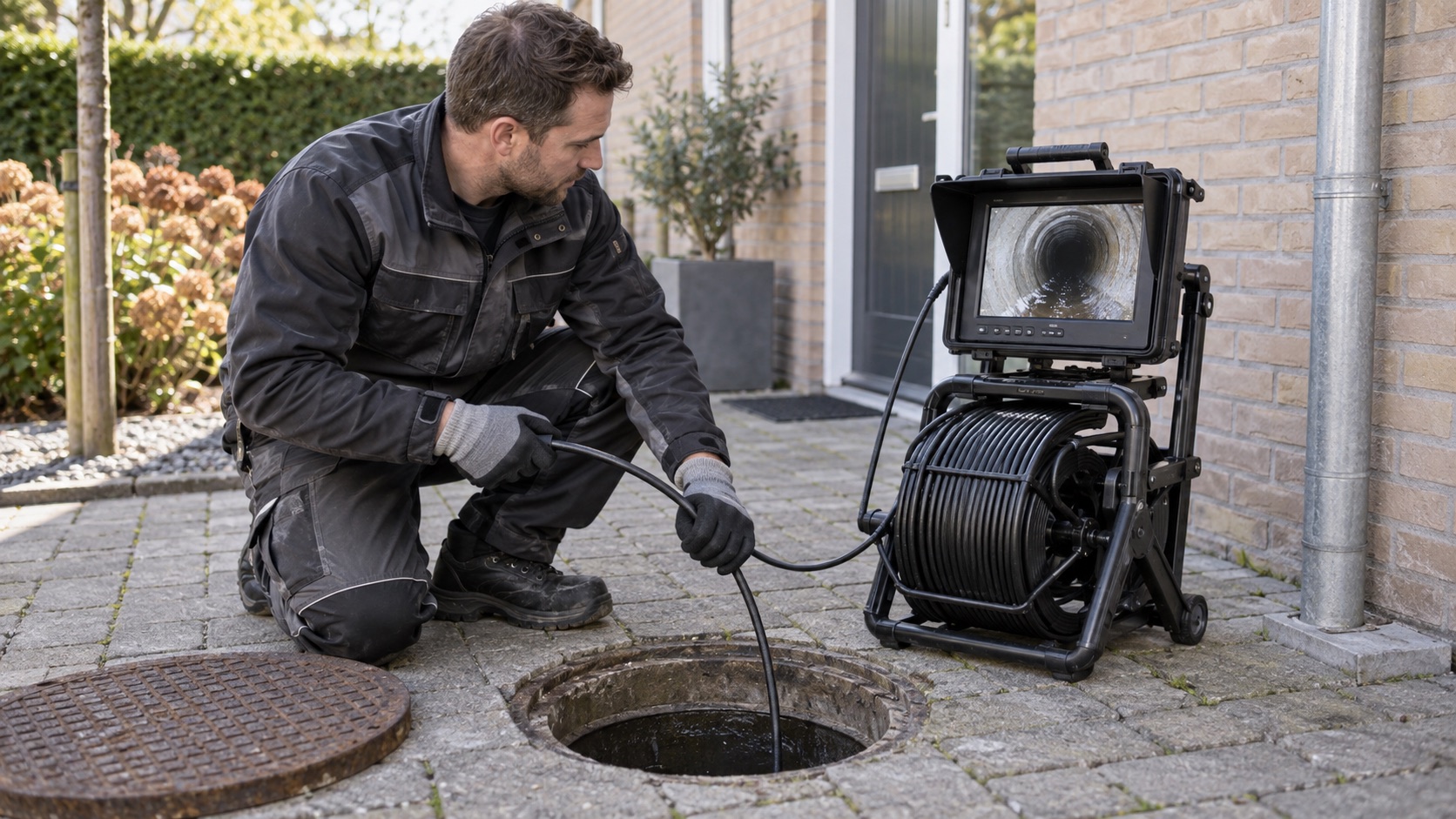 Camera-inspectie van een riool via een inspectieput