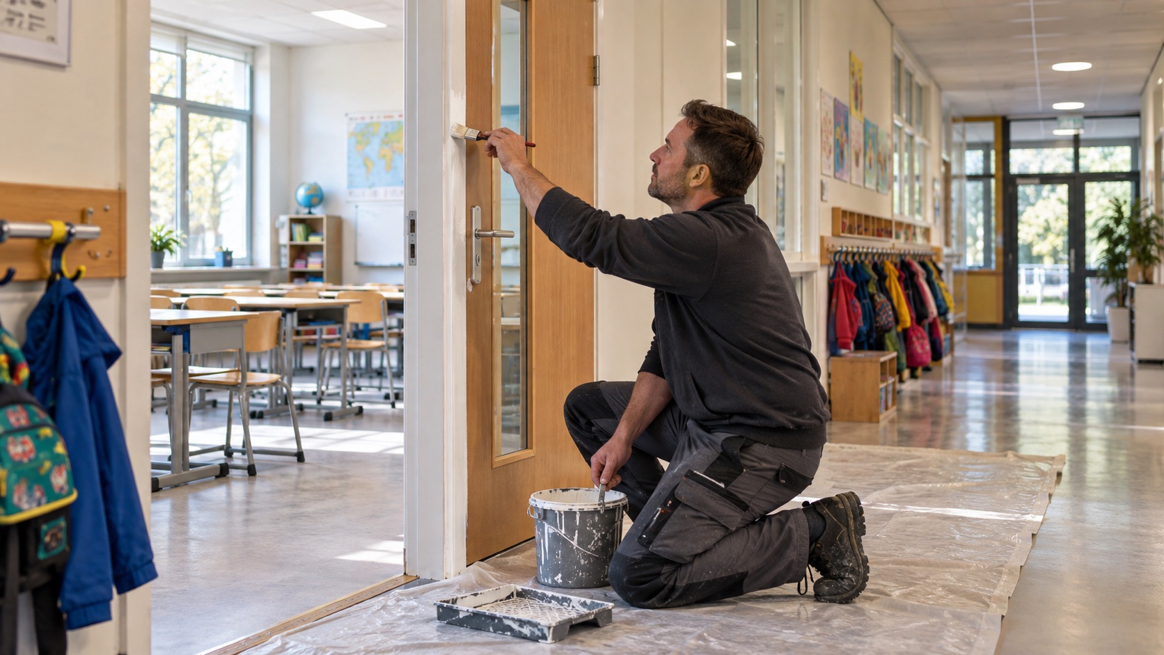 Onderhoudsschilder werkt aan een deurkozijn in een school
