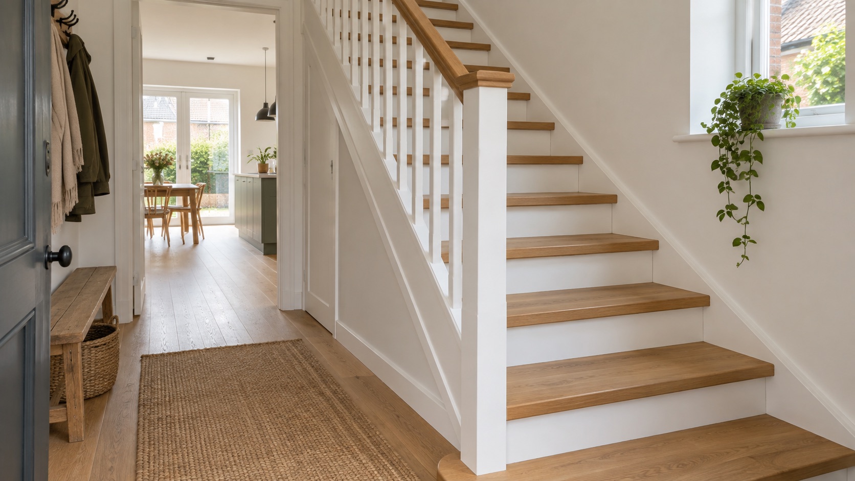Houten trap met eiken treden en witte afwerking